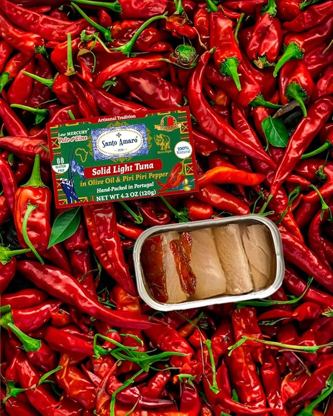 Santo Amaro - Artisanal Wild Tuna Fillets in Olive Oil & Red Piri Piri Pepper, Pole & Line Caught Tuna from Portugal, Hand-Packed Beira-Style Canned Tuna Fish, 22g Protein Keto, Low Mercury, Pack of 6