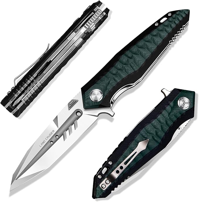 folding pocket knife with 4in d2 tool steel blade,liner lock g10 handle,edc camping hunting knives with clip for men and women (green)