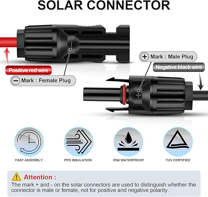 iGreely 20 Feet 10AWG Solar Extension Cable with Female and Male Connector Solar Panel Wire Adapter (20FT Red + 20FT Black)