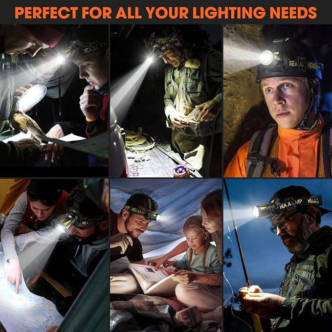 MAXME100® Triple-Beam High-Power Rechargeable Headlamp 5700K with Motion Sensor, Rechargeable LED Head Light, Waterproof Headlamp for Camping, Hiking, Hunting