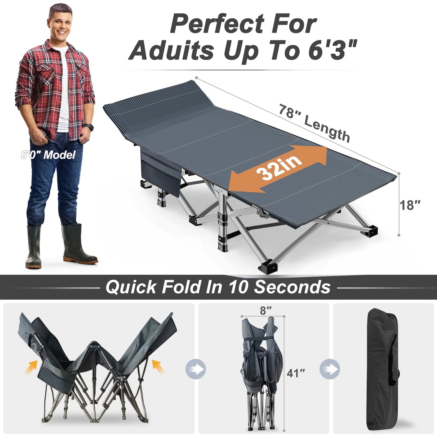 ABORON XXL Camping Cot for Adults, Oversized 78"×32" Folding Camping Bed, 900LBS Heavy Duty Outdoor