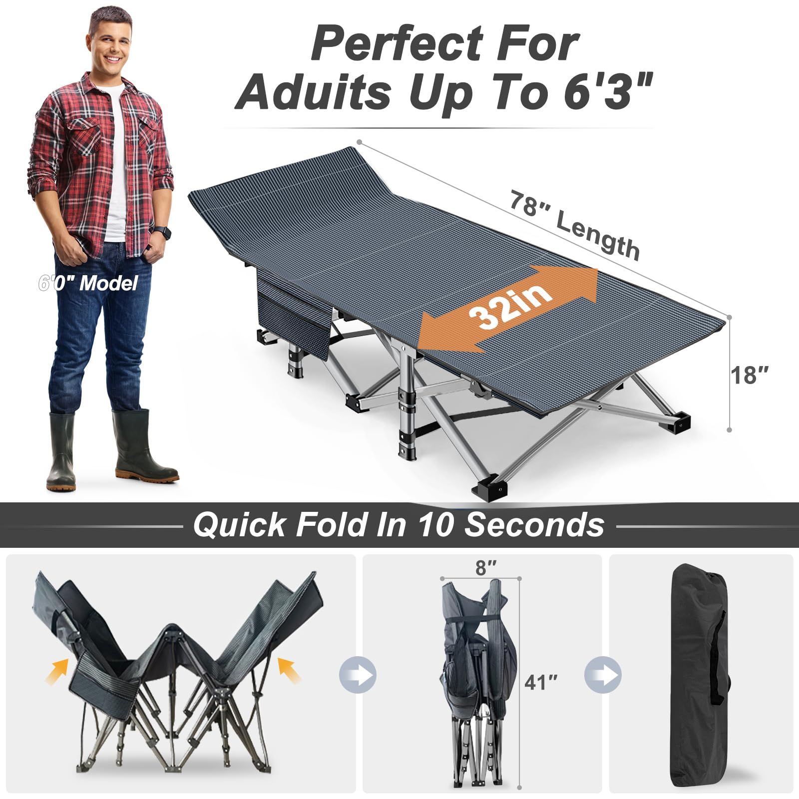 ABORON XXL Camping Cot for Adults, Oversized 78"×32" Folding Camping Bed, 900LBS Heavy Duty Outdoor