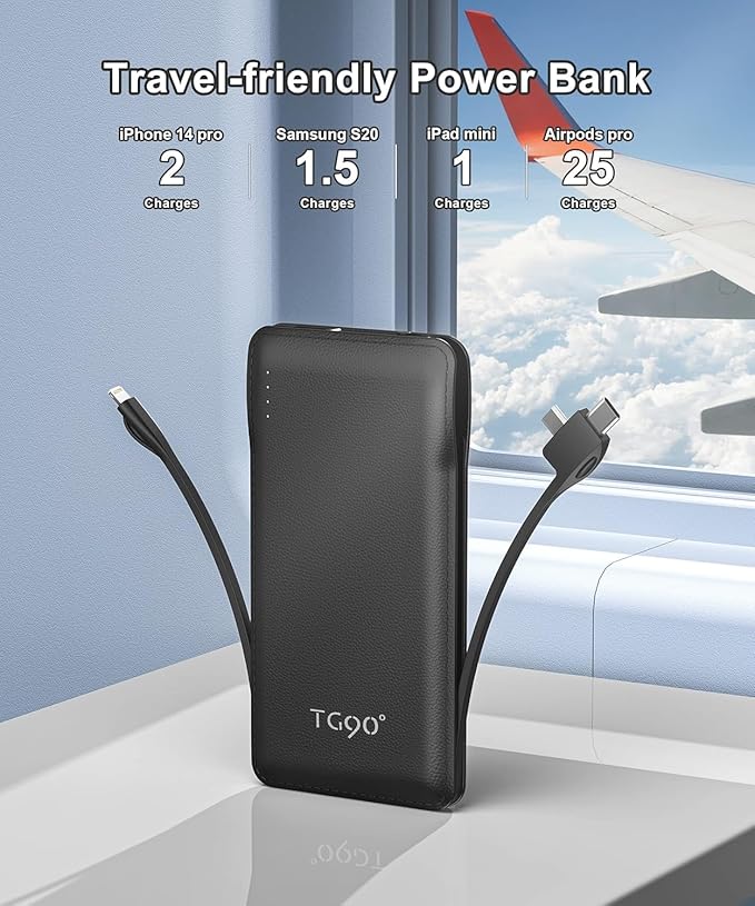 TG90° Portable Charger with Cords 10000mAh Power Bank with Built in Cables Battery Backup Cell Phone External Battery Pack Compatible with iPhone 17 16 15 14 13 12 Samsung S22 S21 Google iPad etc