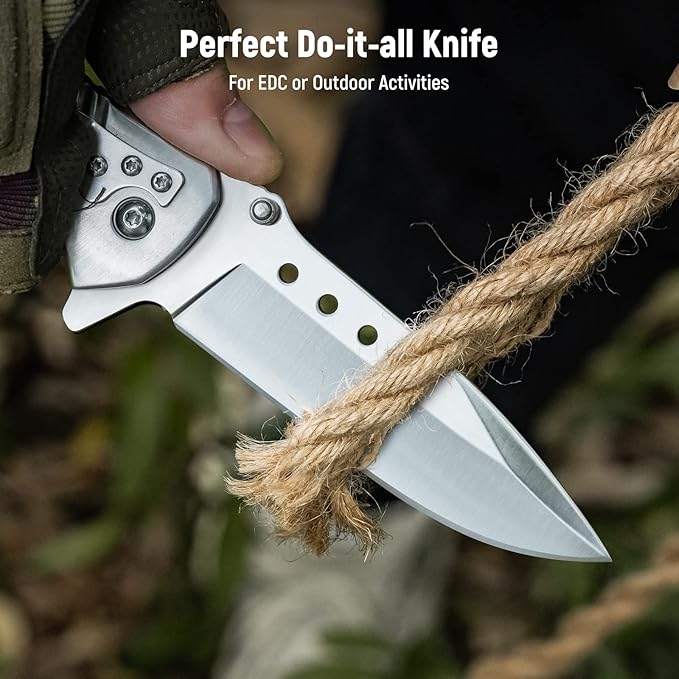 Pocket Knife for Men - 3.46" Sharp Blade Wood Handle Pocket Folding Knives with Clip, Glass Breaker - EDC Knives for Survival Camping Fishing Hiking Hunting Women, Silver