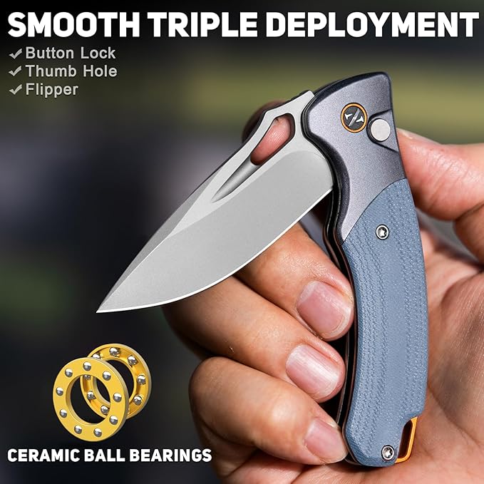 NedFoss Heron EDC Pocket Knife, 2.95" Japanese VG10 Steel Blade Button Lock Knife with Lightweight Blue G10 Handle w/Aluminum Bolster, Utility Folding Knife for Camping, Hunting, Survival Use