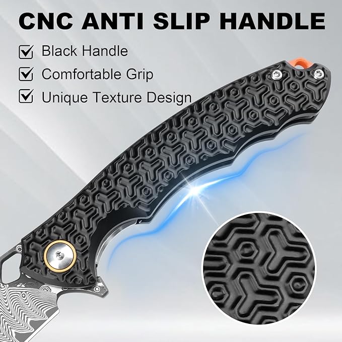 Damascus Pocket Knife for Men Women, 3.35" VG10 Core Damascus Steel Blade Folding Knives with Black Aluminum Handle, EDC Camping Knife