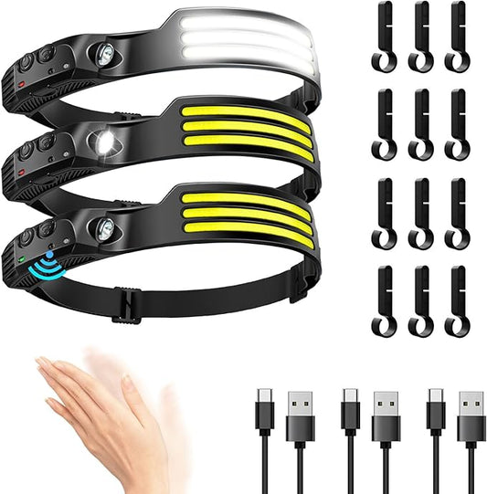 DAWINSIE LED Headlamp Rechargeable (3 PCS), 230° Wide Beam Head Lamp with Motion Sensor, Waterproof Head Light Flashlight for Hiking, Running, Repairing, Fishing Cycling