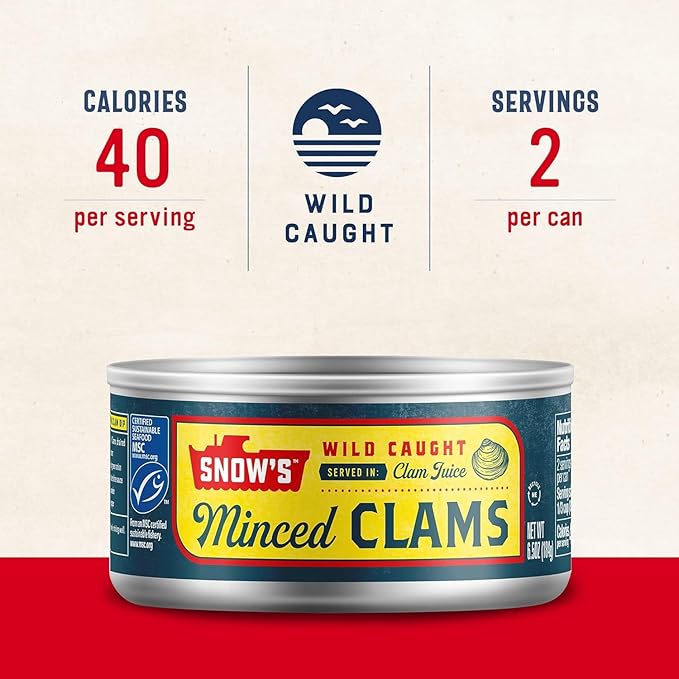 Snow's Wild Caught Minced Clams Canned, 6.5 oz Can (Pack of 12) - 5g Protein Per Serving - Gluten Free, Keto Friendly, 99% Fat Free