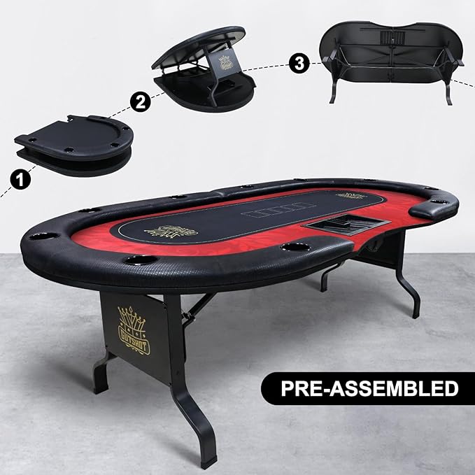 GUTSHOT Foldable Poker Table for 10 Players with 10 Chairs and Poker Chips Set - Premium Soft-Padded Armrest, Individual Cup Holders- Crafted with Durable Materials, Long-Lasting Poker Table