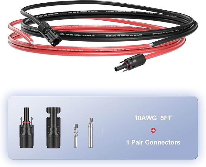 5 Feet 10AWG(6mm²) Solar Panel Wire, 10 Gauge 5FT Black & 5FT Red Tinned Copper Extension Cable Kits with Female and Male Connector for RV Home Boat and Any Other Off-Grid Applications