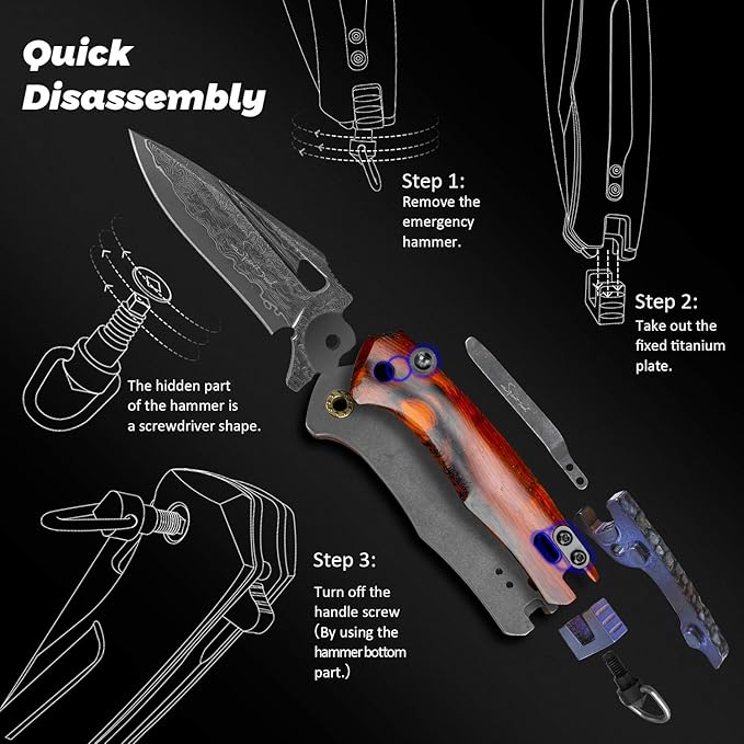 Damascus steel multifunctional EDC folding knife with self assembling pocket clip, lining lock, leather sheath, one piece disassembly pocket knife