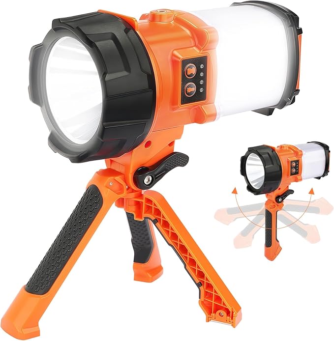 Tripod Rechargeable Camping Lantern, 6 Modes LED Flashlight Handheld Spotlight with 4000LM, 4400mAh Power Bank, IPX4 Waterproof Searchlight Work Light for Emergency Hiking Survival Kit - Orange