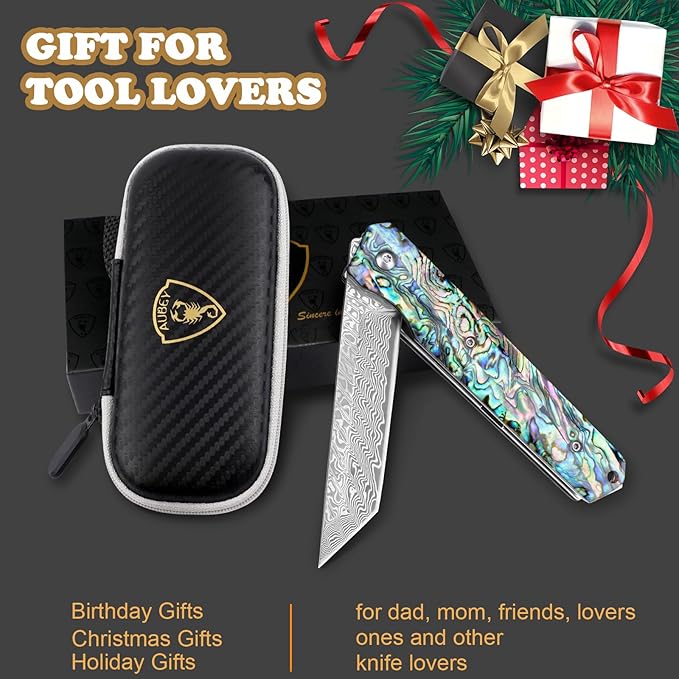 AUBEY Damascus Pocket Knife with Clip, Sharp Tanto Blade with VG10 Core Folding Knife with Abalone Shell Handle and Glass Breaker, EDC Camping Knife for Gift Survival Collection