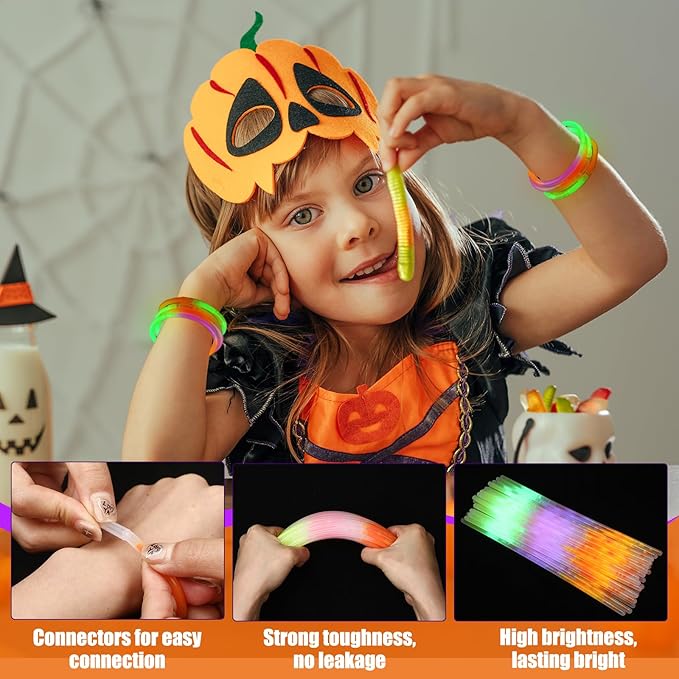 Wettarn 50 Pcs Halloween Glow Sticks 8" Halloween Bracelets Party Supplies Glow in The Dark Bracelets Orange Green Purple Light up Bracelet Party Favors Carnival Decorations