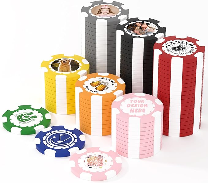 25 Custom Clay Poker Chips, 40mm Heavy 11.5g Casino Sized Personalized Poker Chips with Your Logo, Image or Text, Custom Drink Tokens for Bar, Party, Tournaments, Golf Club or Events
