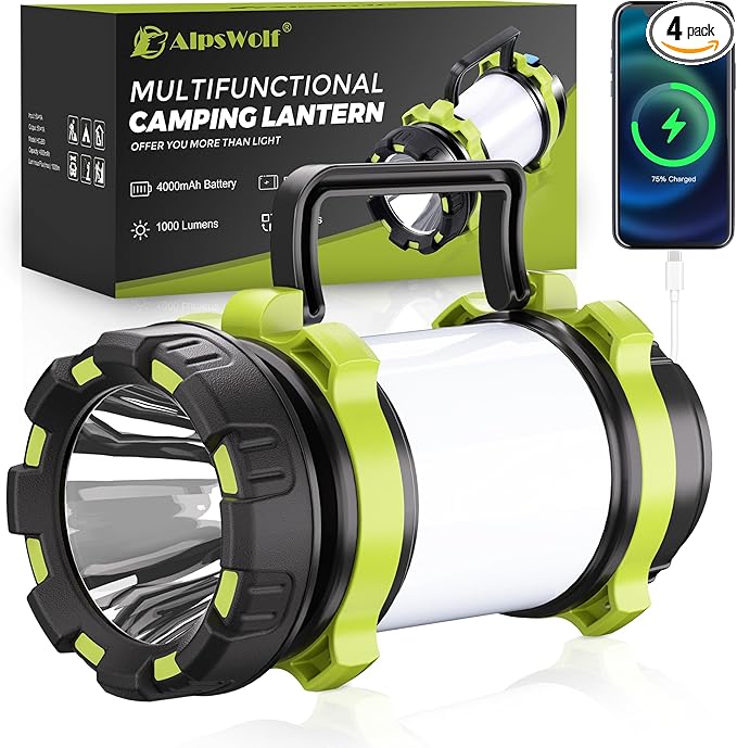 AlpsWolf Camping Flashlight, 6 Modes Camping Lantern Rechargeable LED Lantern for Power Outage, Camping Light Flashlight for Emergency, Green