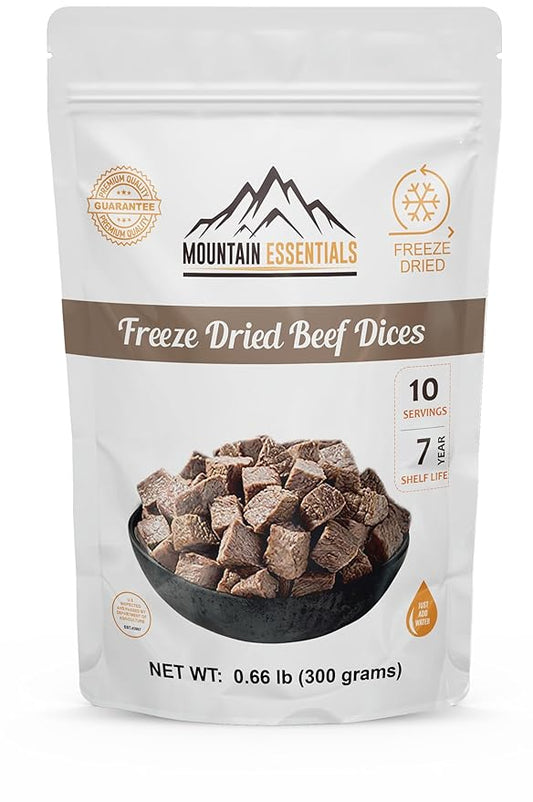 MOUNTAIN ESSENTIALS Freeze-Dried Diced Beef ??Fully Cooked Meat | Pre-Cooked | 240g High Protein Intake | 10 Servings | Ready-to-Eat Meal Prep | Pantry Staples, Daily Meals, Emergency Survival, Camping Food | 7-Year Shelf Life | Made in USA