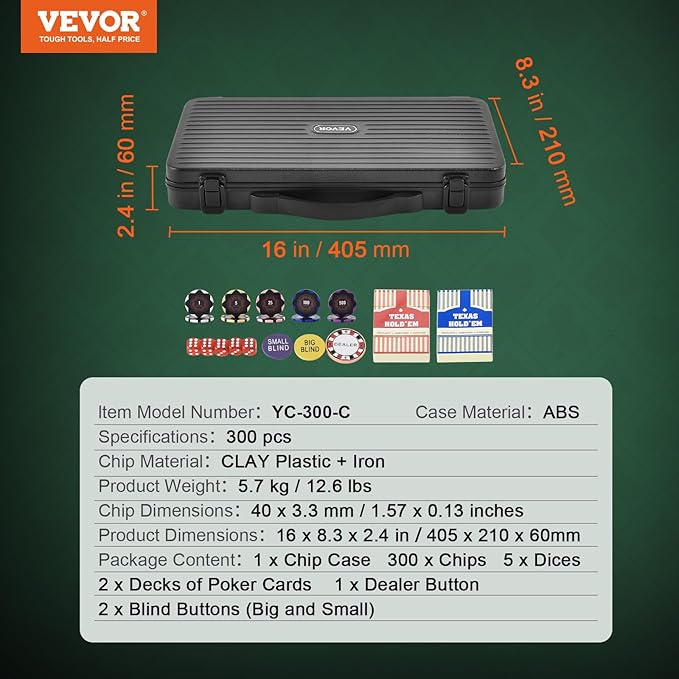 VEVOR Poker Chip Set, 300-Piece Poker Set, Complete Poker Playing Game Set with Carrying Case, Heavyweight 14 Gram Casino Clay Chips, Cards, Buttons and Dices, for Texas Hold'em, Blackjack, Gambling