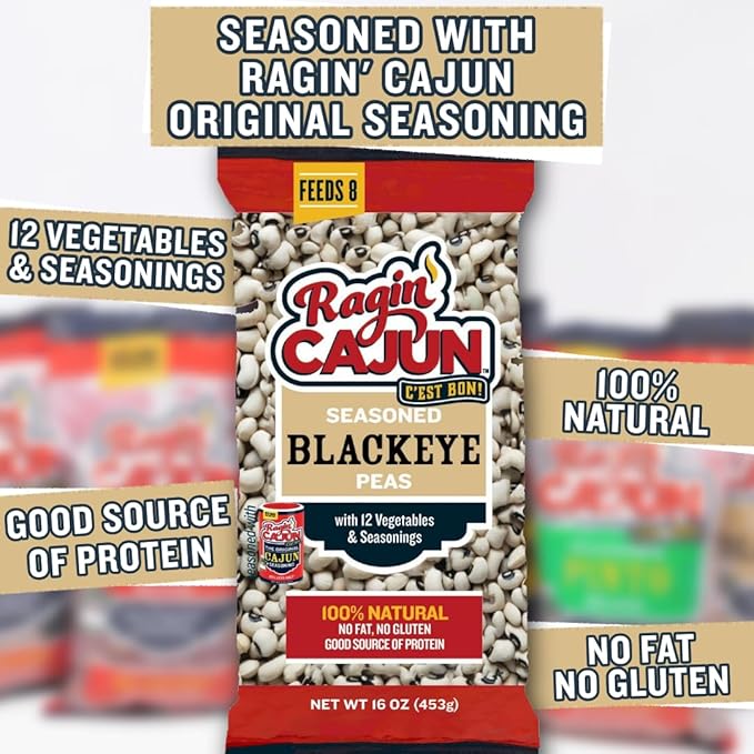 Ragin' Cajun Seasoned Blackeye Beans - 16 oz Pack, Fat-Free, Gluten-Free, Reduced Sodium - Authentic Louisiana Creole Dish with Seasoning