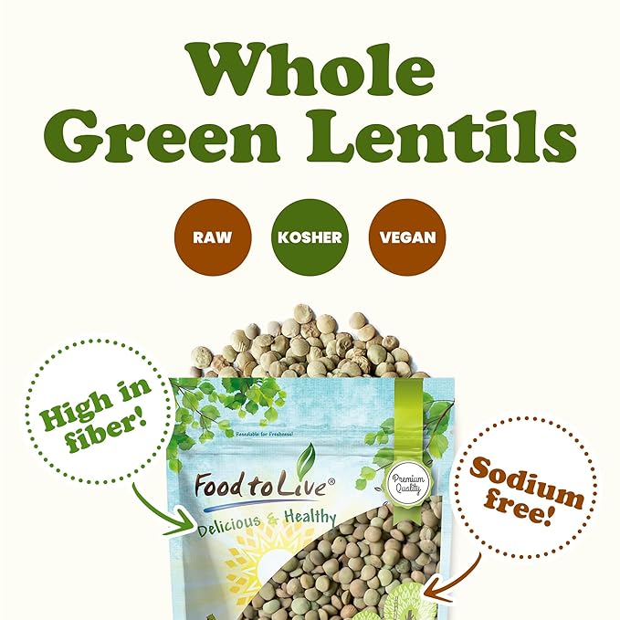 Food to Live - Whole Green Lentils, 5 Pound Dried Raw Lentils, Sproutable, Kosher, Vegan. Rich in Dietary Fiber, and Protein. No Soaking Required.