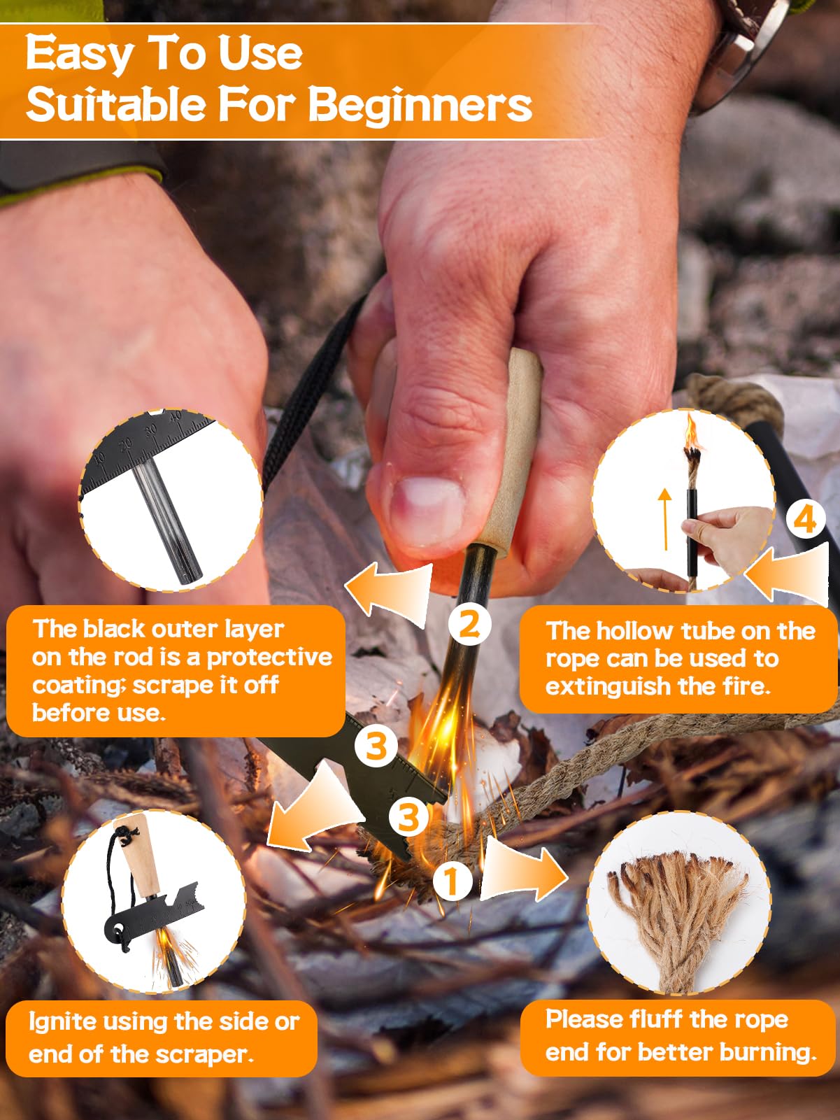 Acostop Fire Starter Tool Kit Survival Gear for Hiking Campfires Bushcraft