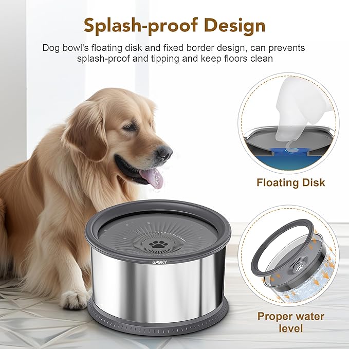 UPSKY Super Large Capacity No Spill Dog Bowl, 6.5L Stainless Steel Spill Proof Slow Water Feeder, Anti-Slip Mat for Messy Drinkers - Grey