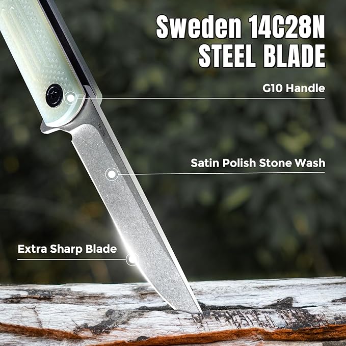 Folding Pocket Knife, 3.19” 14C28N Steel Blade G10 Handle Praxis Small Flipper Liner Lock EDC Folding Knife, Sharp Survival Camping Hiking Hunting Tactical Knives for Men (Translucent Green)