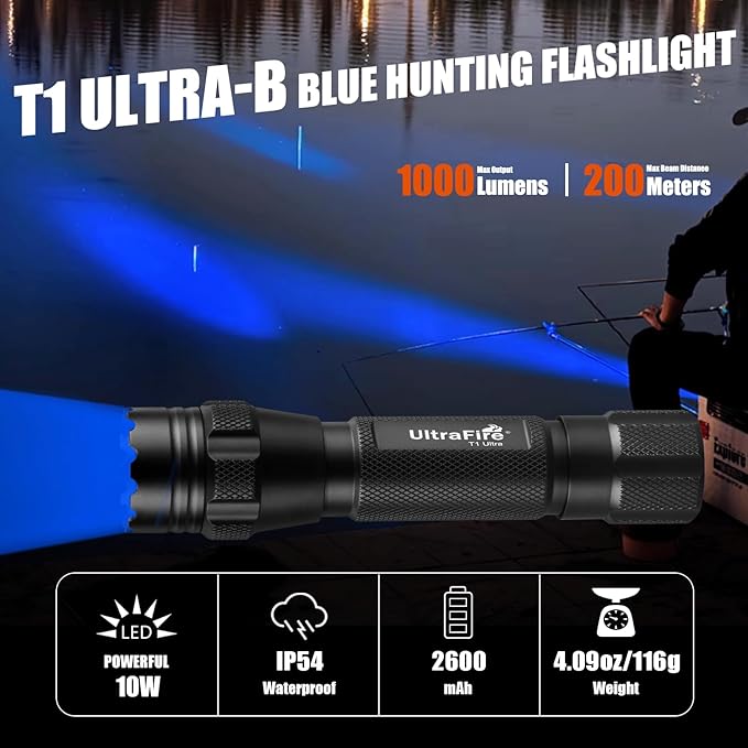 ULTRAFIRE Blue Light Flashlight,450-460nm High-Purity Single Mode Blue LED, Portable Compact for Night Fishing & Hunting, Professional Outdoor Visibility Enhancer (T1 Ultra-B)