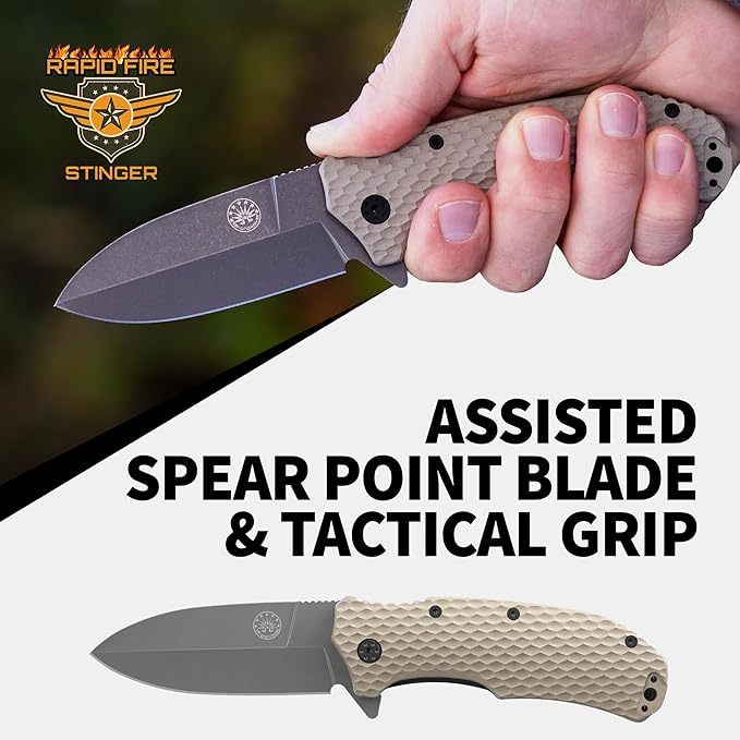 Off-Grid Knives - Rapid Fire Stinger, Assisted Spear Point Blade, Hard Use Build, Tactical, Camping & Survival EDC, Cryo D2 Steel, G10 Scales, Deep Pocket Carry (Coyote)