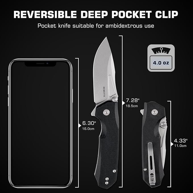 EDC Pocket Knife Rhino,3" D2 Steel Blade Durable G10 Handle, Folding Pocket Knives with Reversible Pocket Clip, Sharp Camping Hiking Pocket Knife for Men
