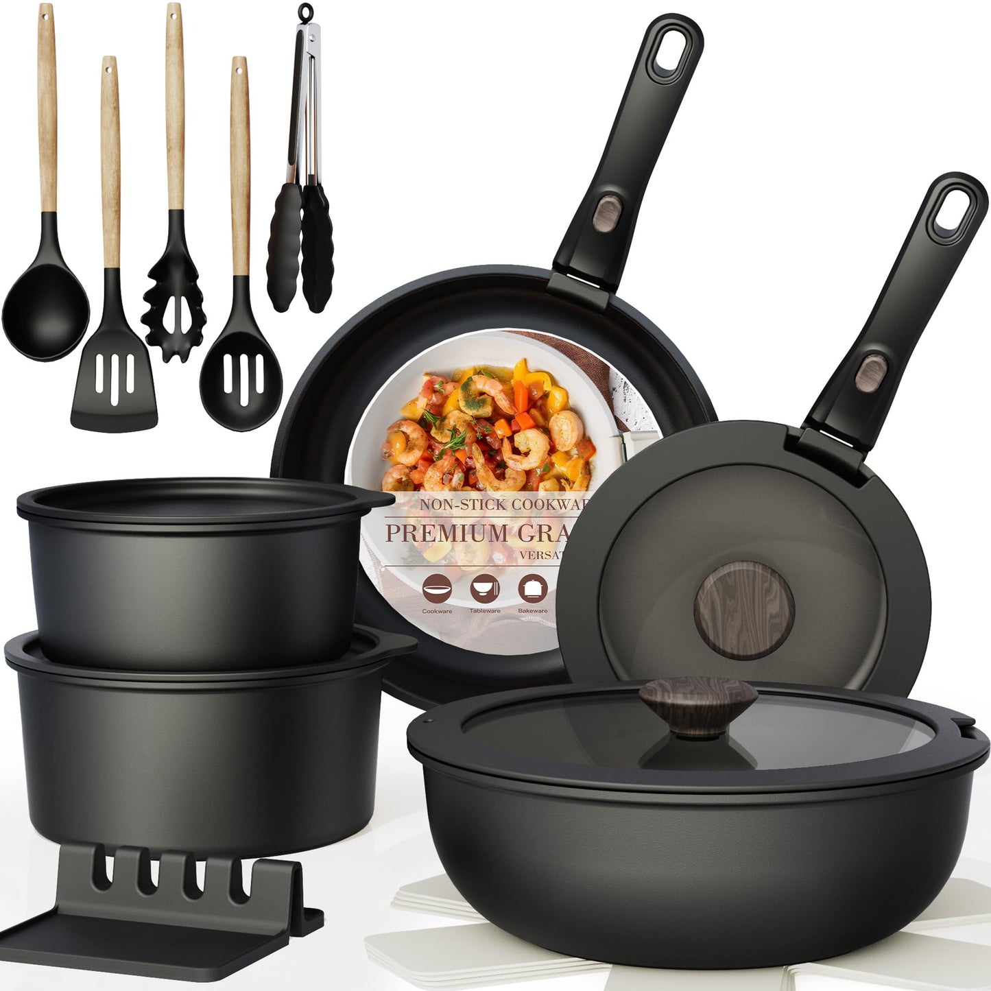 Astercook 21 Pcs Pots and Pans Set Non Stick, Ceramic Cookware Set Detachable Handle, RV Kitchen