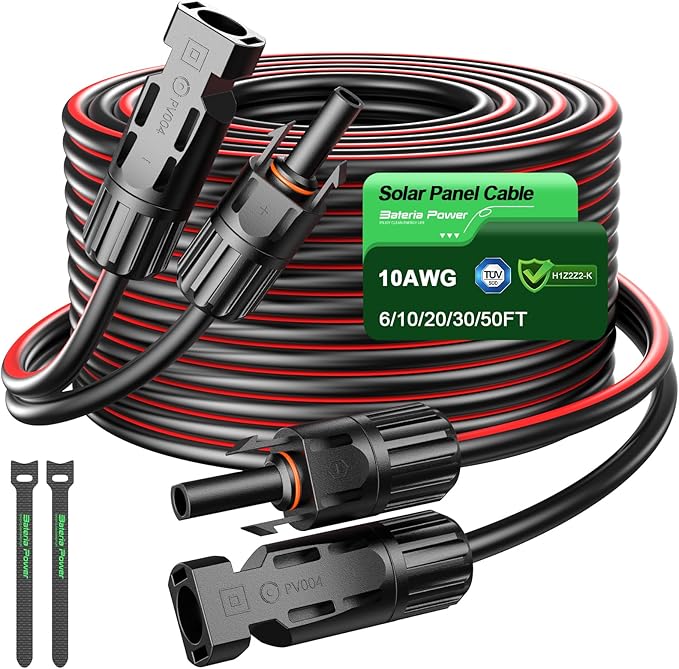 Bateria Power 30Ft 10AWG Solar Panel Extension Cable, 6mm² Twin PV Wire Conductor Parallel Solar Wire Adapter Kit with Waterproof Female & Male Solar Connectors for RV, Marine (Both Ends Installed)
