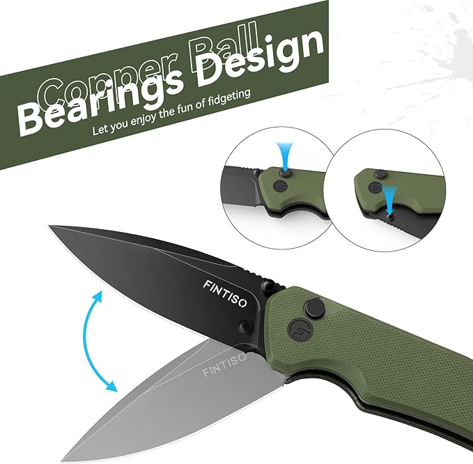 FINTISO Pocket Knife, 3" 14C28N Steel Blade G10 Handle Small EDC knife with Button Lock, Sharp Folding Knife with Pocket Clip for Camping, Survival, Hunting
