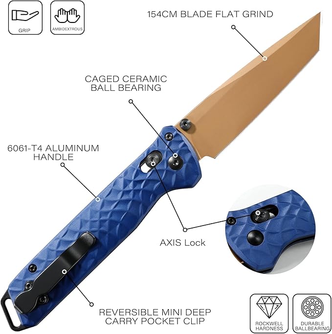 RBLACK Folding Knife with 3.39'' 154CM Steel Tanto Blade, Pocket Knife for Men Women Gifts, Axis Lock EDC Tactical Knife with Lightweight Aluminum Handle, Reversible Pocket Clip - RK0403-BL
