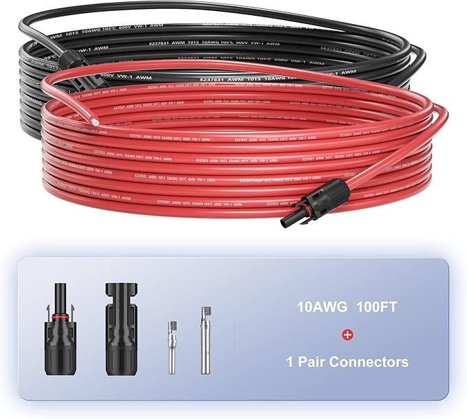 100 Feet 10AWG(6mm²) Solar Panel Wire, 10 Gauge 100FT Black & 100FT Red Tinned Copper Extension Cable Kits with Female and Male Connector for RV Home Boat and Any Other Off-Grid Applications