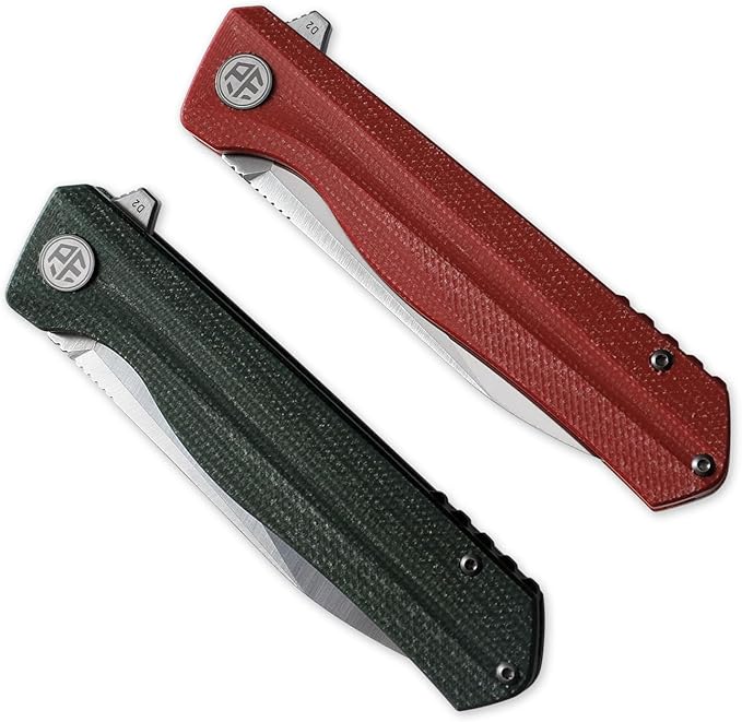 Petrified fish PF818 Folding Knife,3.54" D2 Steel Satin Blade,104g Micarta Handle Pocket Folding knife (Red, Micarta)