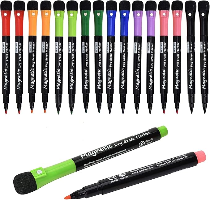 Browill Magnetic Dry Erase Markers, Fine Tip Low Odor Whiteboard Markers for Kids & School, Work On White board & Calendar, Refrigerator (16 Pack)