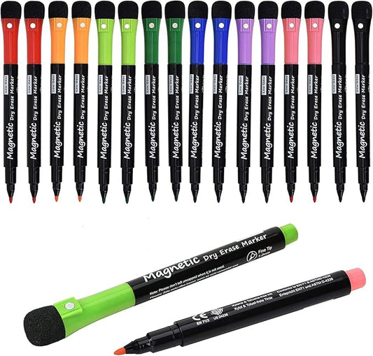 Browill Magnetic Dry Erase Markers, Fine Tip Low Odor Whiteboard Markers for Kids & School, Work On White board & Calendar, Refrigerator (16 Pack)