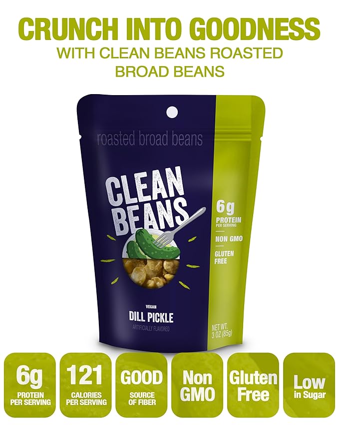 Clean Beans Broad Fava Beans Snack - Dill Pickle Flavor, 6g Protein, Low Sugar, Non-GMO, Non-Gluten - On The Go Office Snack - Nutraphase, 85g x 6-Count