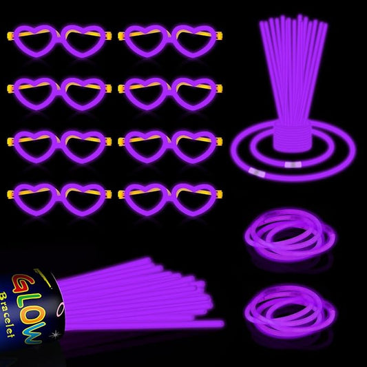 60 Pack 8??Purple Glow Sticks Bulk Bright Glow Sticks with 60 Connectors 20 Heart Glasses Glow In The Dark Party Supplies Neon Party Decorations Glow Bracelet Glasses for Carnival (Purple)