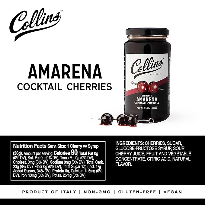 Collins Amarena Cherries in Syrup | Premium Garnish for Cocktails, Martinis, Old Fashioned, Manhattan, Chocolate, Dessert, Bourbon Accessories, 13.5oz