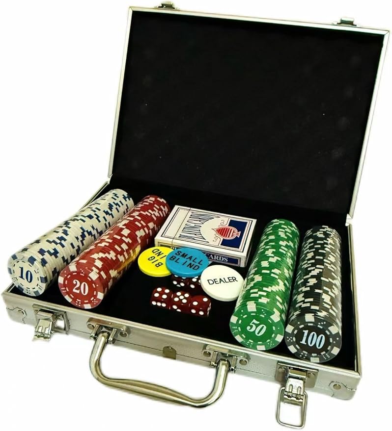 Poker Chips with face Value, 200 11.5 g Weighted Digital Casino Chips Set, 5 dice, 2 Decks of Cards, with Compact Aluminum case, for Texas Hold'em, Blackjack, Ages 8 and up