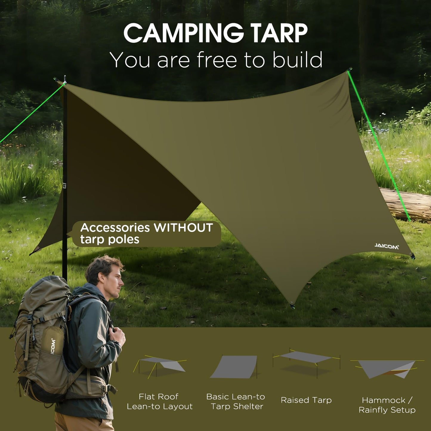 JAICOM Waterproof Hammock Rain Fly, 12ft x 9.5ft Portable Camping Tarp