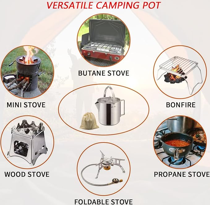 Camping Tea Kettle, Portable 1.2L Coffee Pot, Outdoors Camping Pot, with Handles and with Lids for Camping Hiking Picnic Camping, Backpacking, Silver