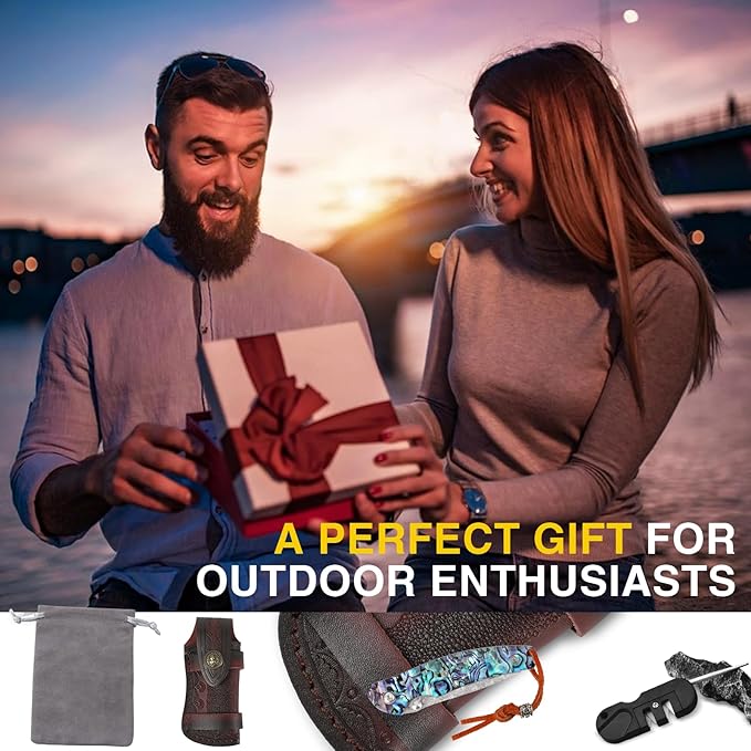 Handmade Damascus Steel Folding Pocket Knife - Abalone Shell Handle, Leather Sheath & Sharpener | Compact EDC Tool for Outdoor, Camping, Gifts