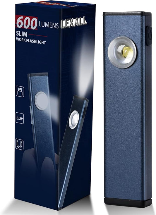 lexall Rechargeable Flashlight, 600 Lumens Portable LED Flashlight, Magnetic COB Flat Task Light with Pocket Clip, 3 Modes, Pocket Pen Inspection Light for Repairing, Camping, Hiking, Emergency（1 Pc）