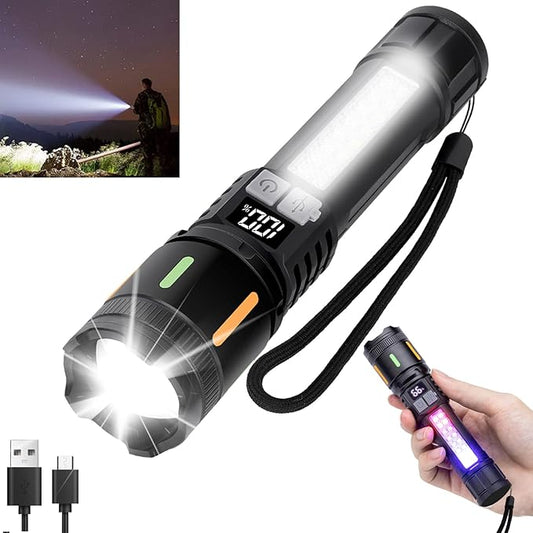Rechargeable Flashlight High Lumens 900,000L, Super Bright LED Handheld Flashlights, Battery Powered Tactical Flash Light with 5 Modes, Cob Side Light, USB C, Waterproof for Home, Emergency