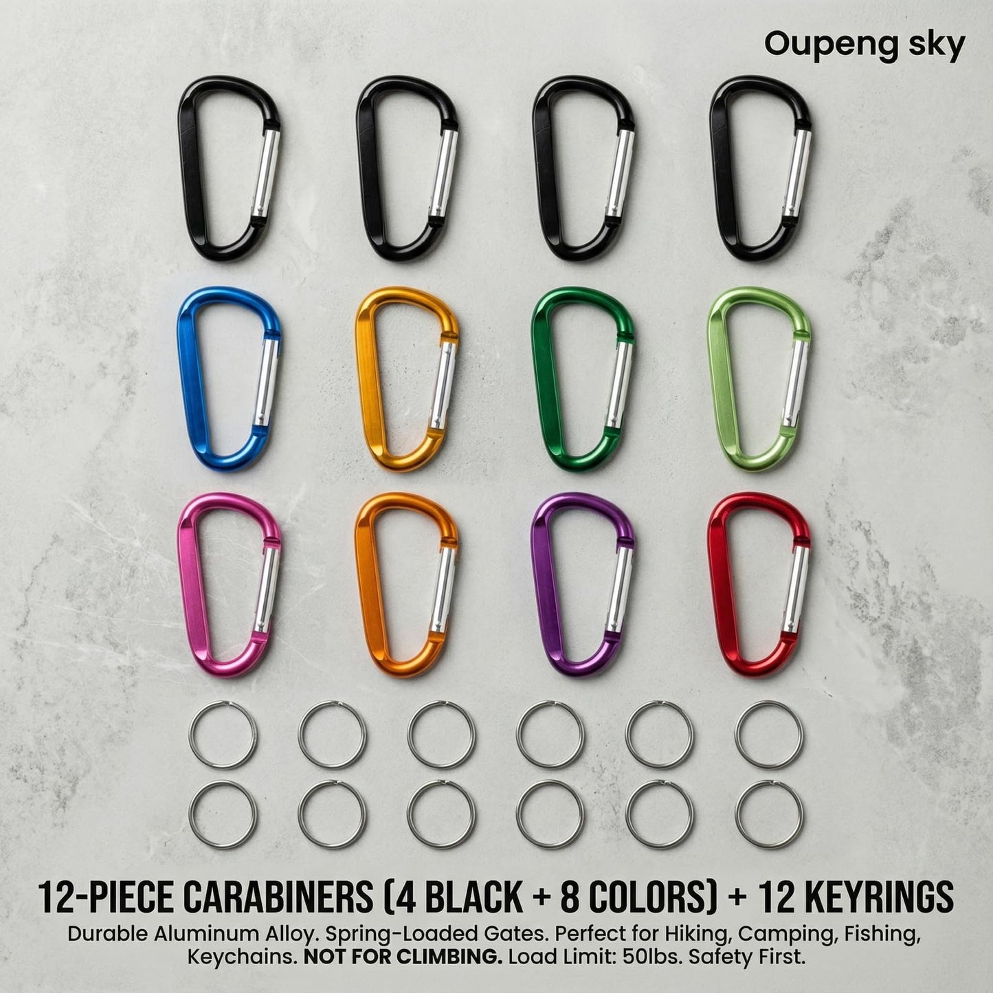 12PCS Carabiner Keychain Clip - 3" Aluminum Caribeener Key Clip,D Ring Shape Nonlocking Carabeaner