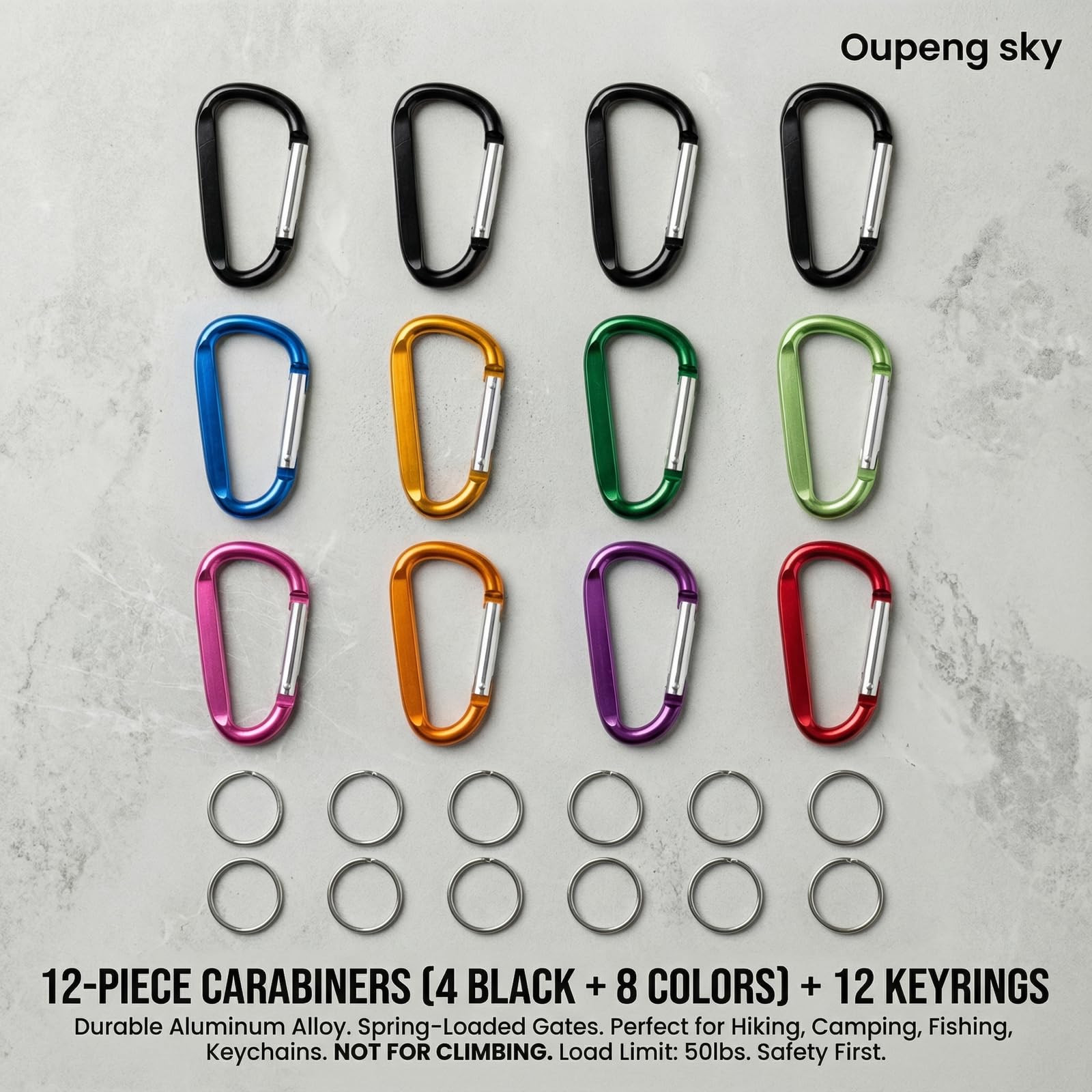 12PCS Carabiner Keychain Clip - 3" Aluminum Caribeener Key Clip,D Ring Shape Nonlocking Carabeaner