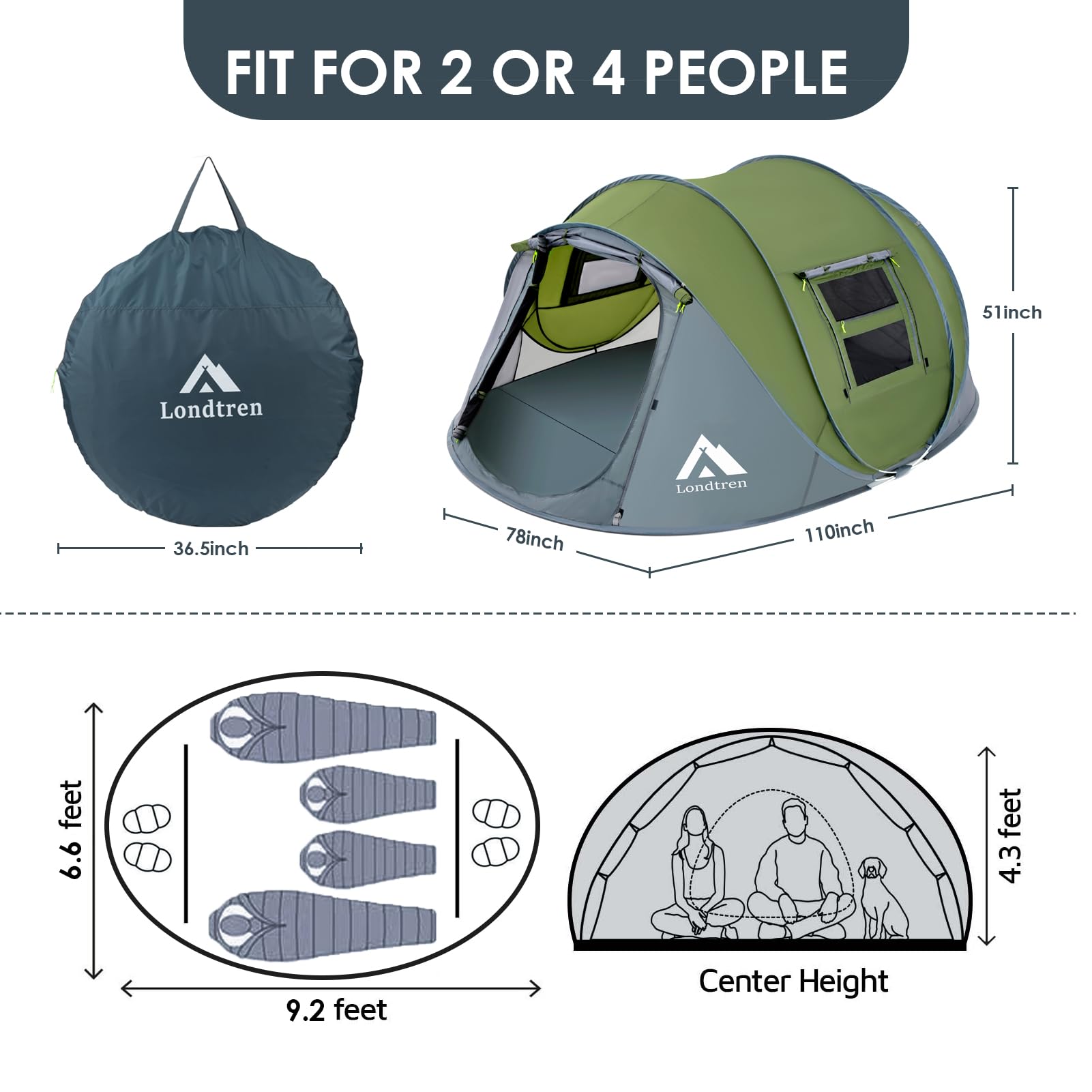 Pop Up Tents for Camping 4 Person Waterproof Military Popup Tent Camping Easy Up Camping Tents